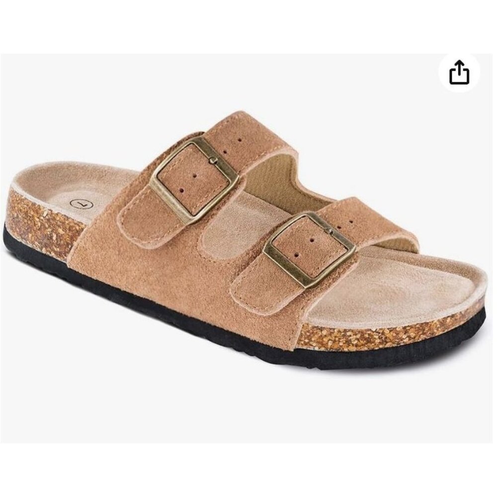 NEW TF Star Womens Sandals Size 9 Tan Faux Suede Buckle Slip-On.